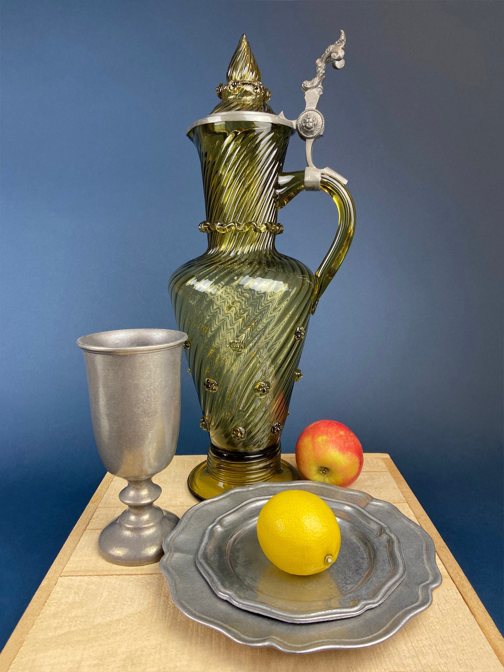 XL Vintage Glass Pitcher with Pewter Detailing. Antique Hand Blown Large 18" German Wine or Water Jug. Vintage Gifts.