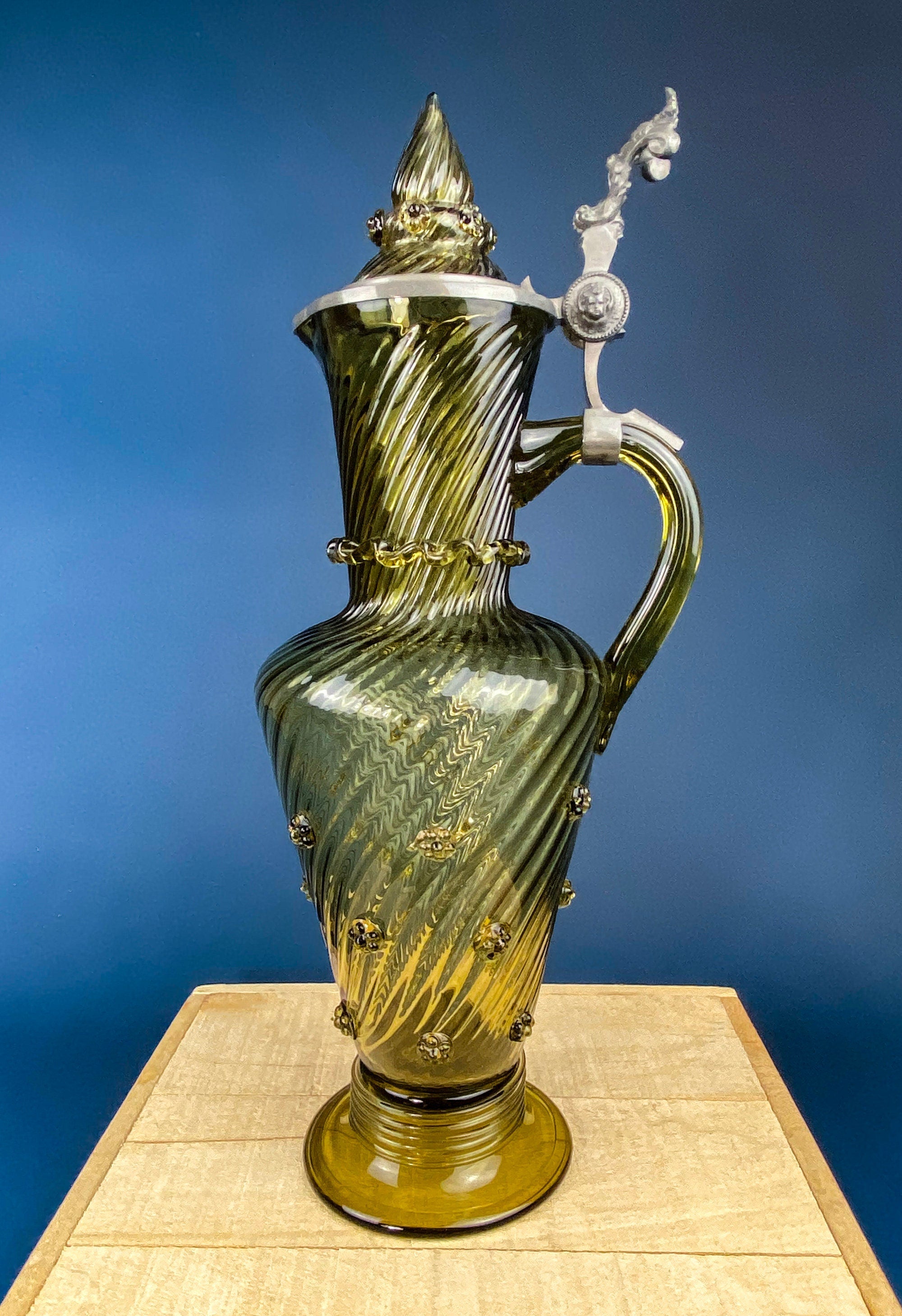 XL Vintage Glass Pitcher with Pewter Detailing. Antique Hand Blown Large 18" German Wine or Water Jug. Vintage Gifts.