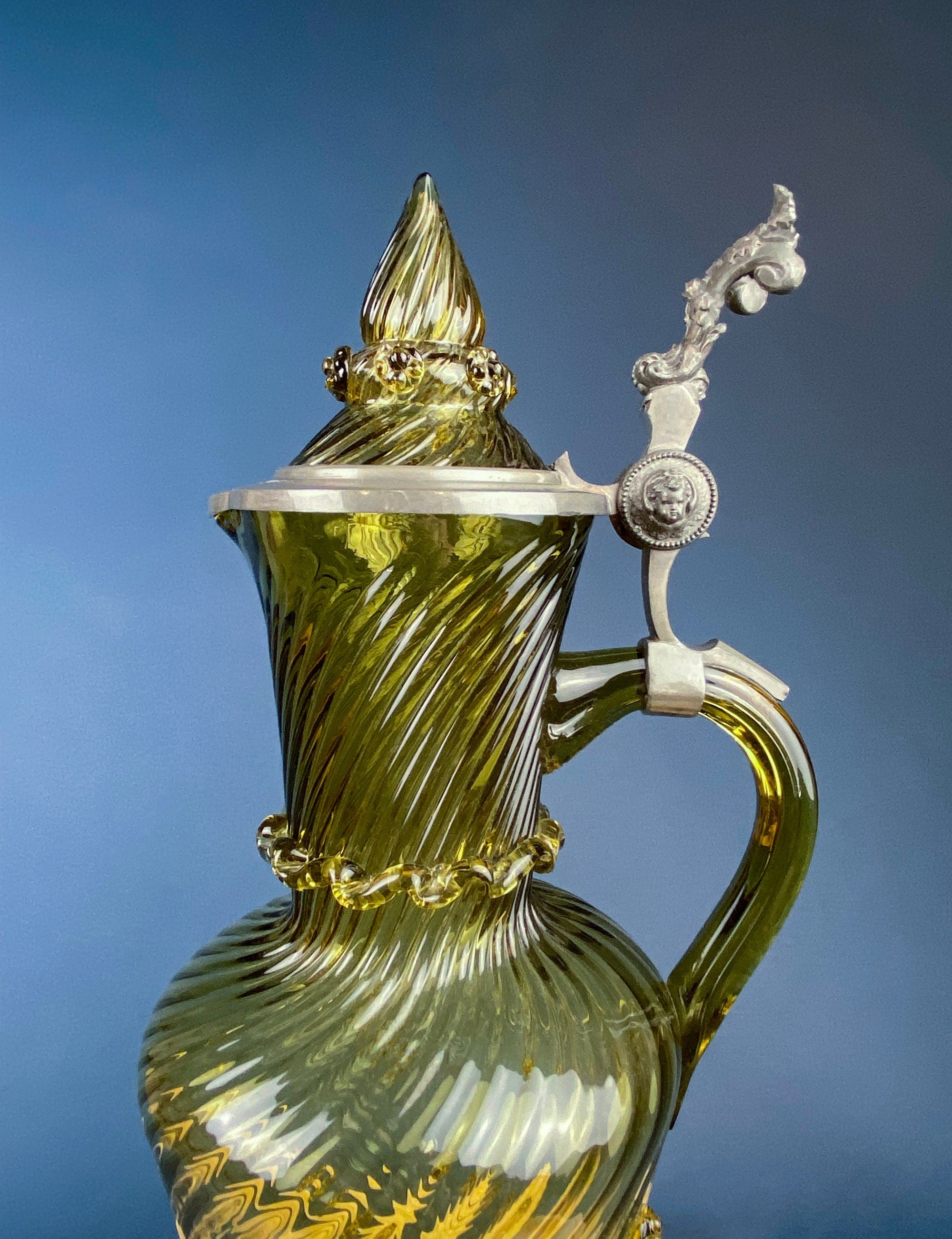 XL Vintage Glass Pitcher with Pewter Detailing. Antique Hand Blown Large 18" German Wine or Water Jug. Vintage Gifts.