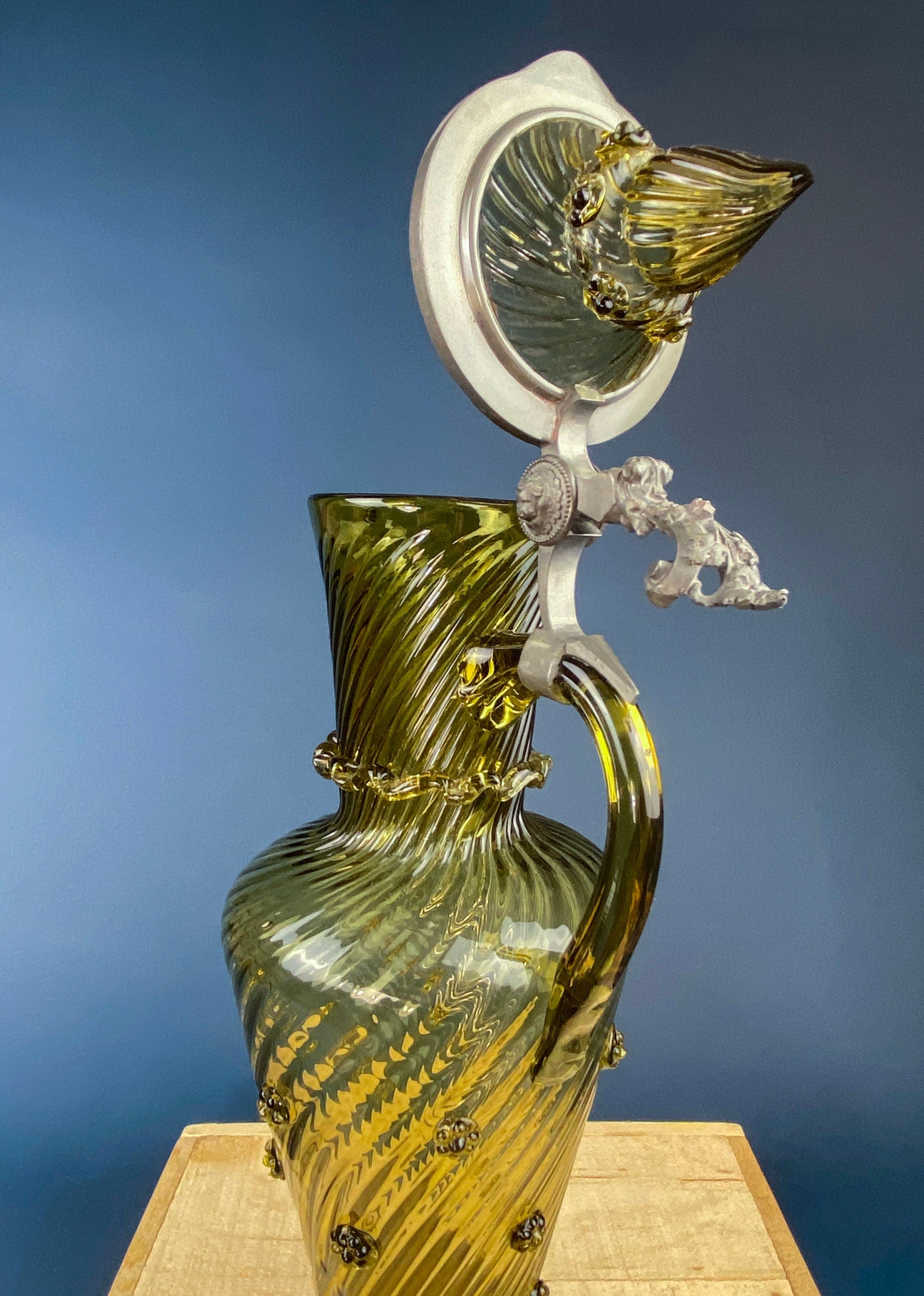 XL Vintage Glass Pitcher with Pewter Detailing. Antique Hand Blown Large 18" German Wine or Water Jug. Vintage Gifts.