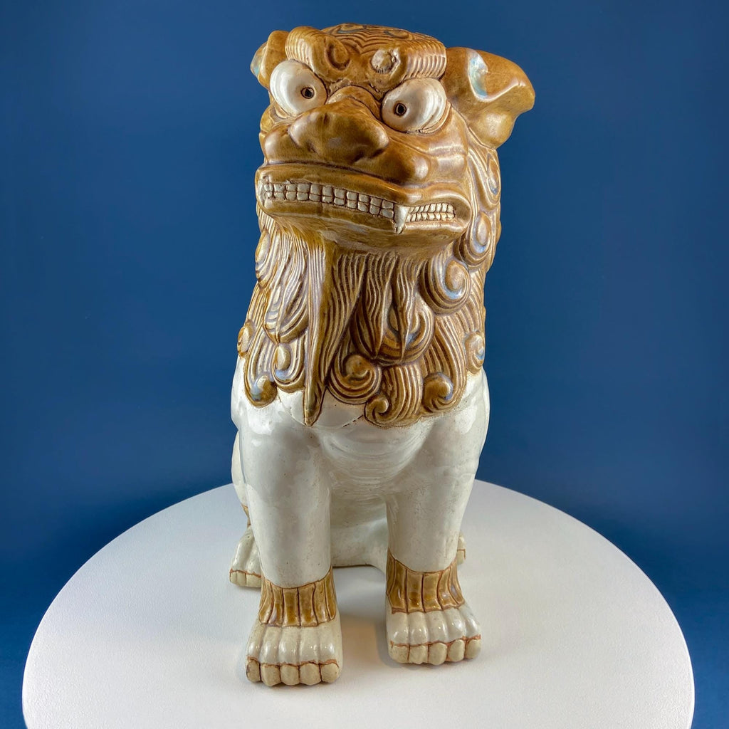 XL Chinese Style Guardian Foo Dog. Glazed Gold & Beige Standing Statue of Animal. Symbolic of Protection. Ethnic Home Art Decor.