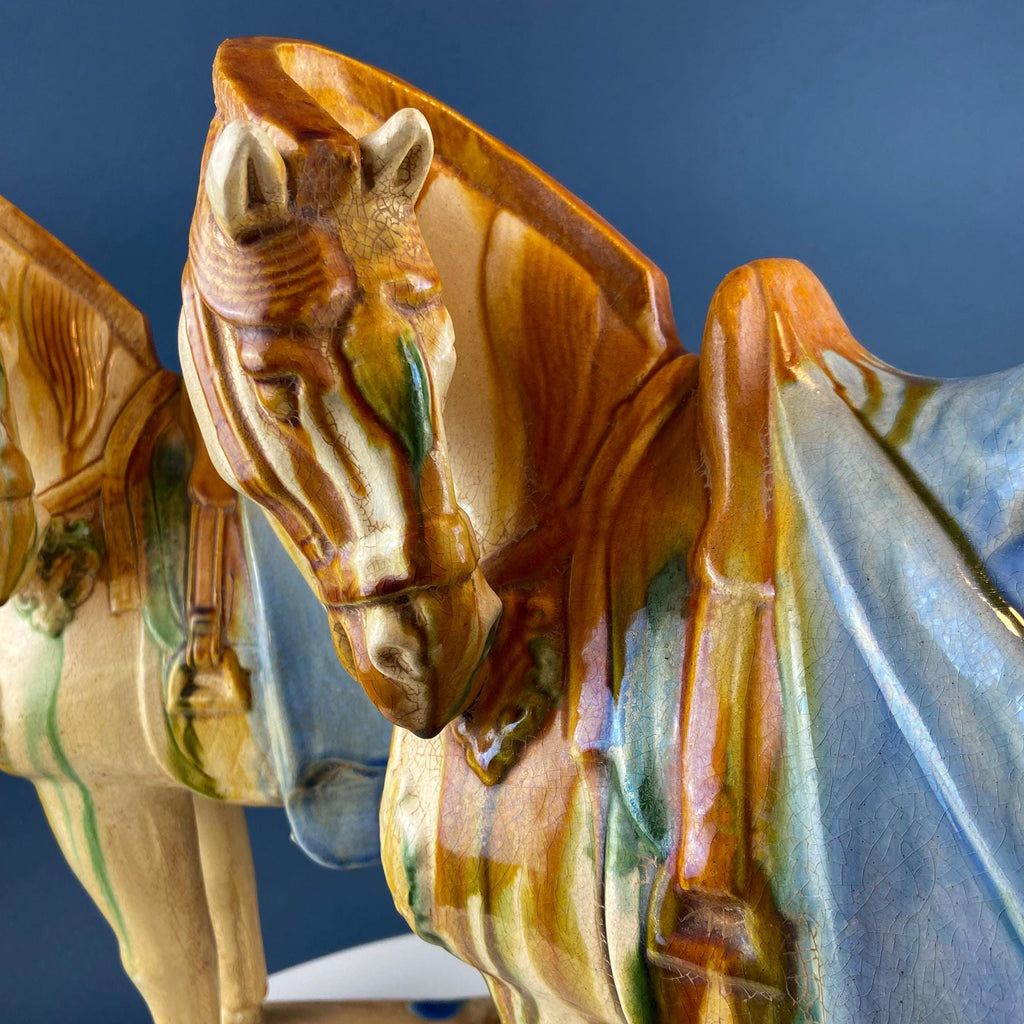 XL Chinese Style Guardian Foo Dog. Glazed Gold & Beige Standing Statue of Animal. Symbolic of Protection. Ethnic Home Art Decor.