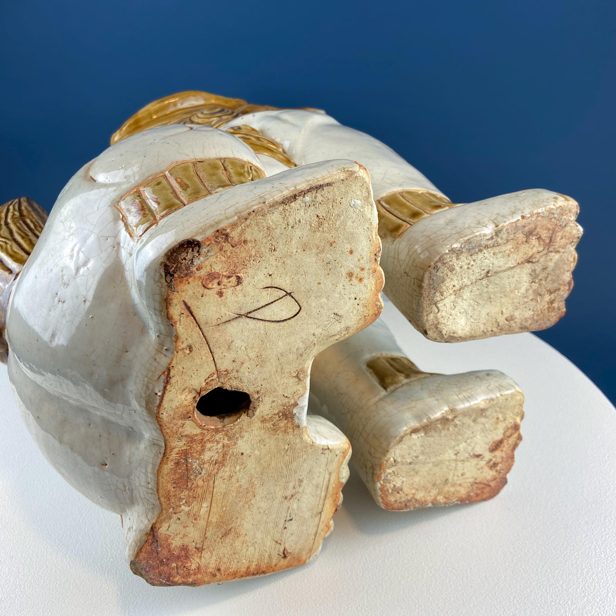 XL Chinese Style Guardian Foo Dog. Glazed Gold & Beige Standing Statue of Animal. Symbolic of Protection. Ethnic Home Art Decor.