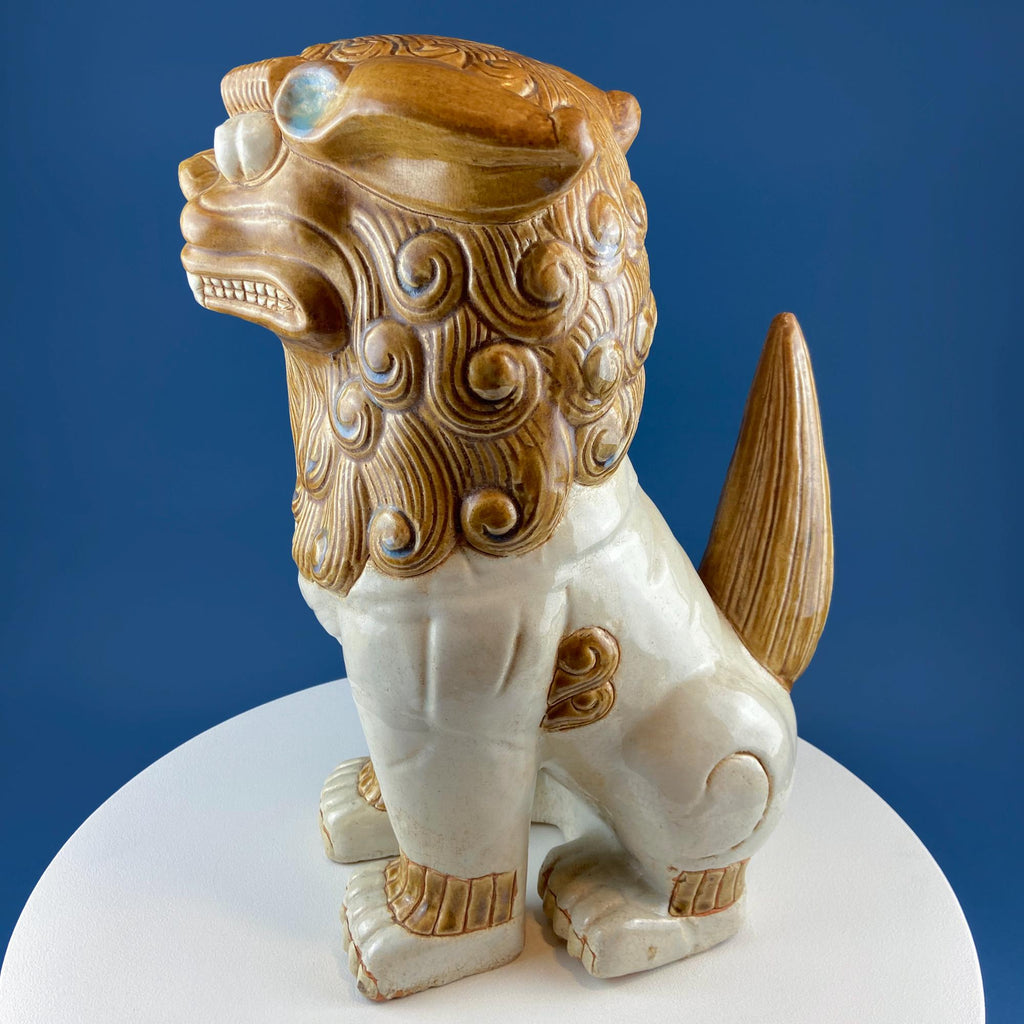 XL Chinese Style Guardian Foo Dog. Glazed Gold & Beige Standing Statue of Animal. Symbolic of Protection. Ethnic Home Art Decor.