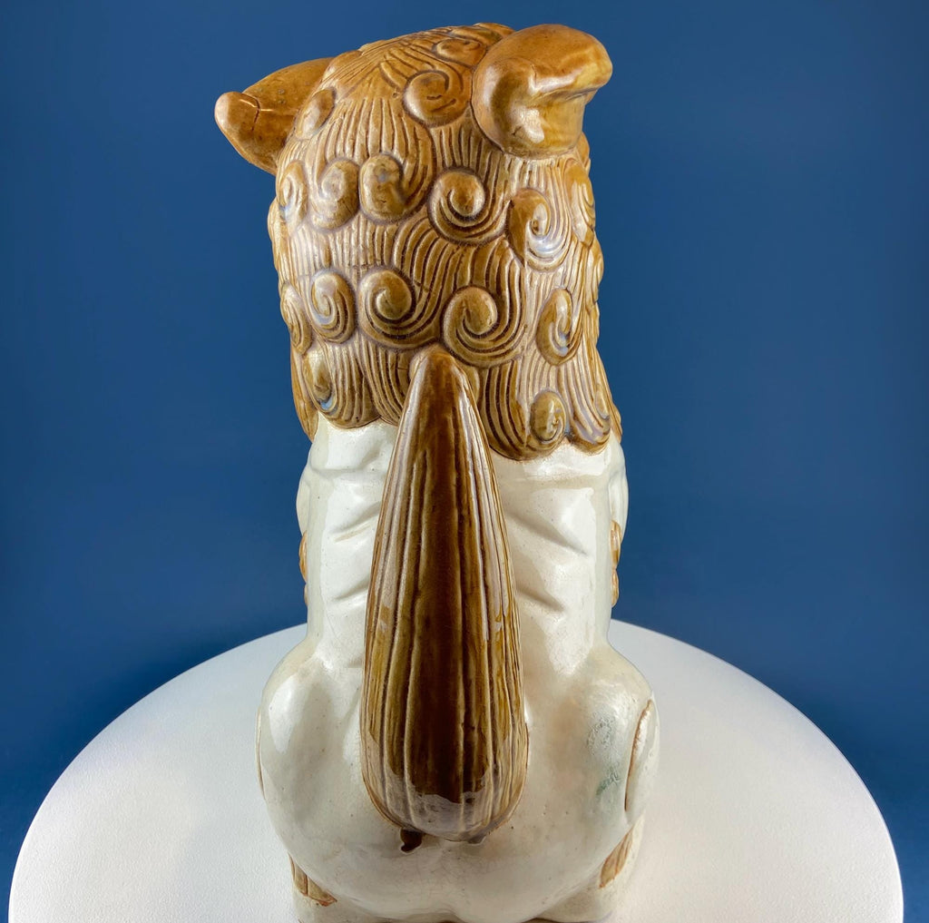 XL Chinese Style Guardian Foo Dog. Glazed Gold & Beige Standing Statue of Animal. Symbolic of Protection. Ethnic Home Art Decor.