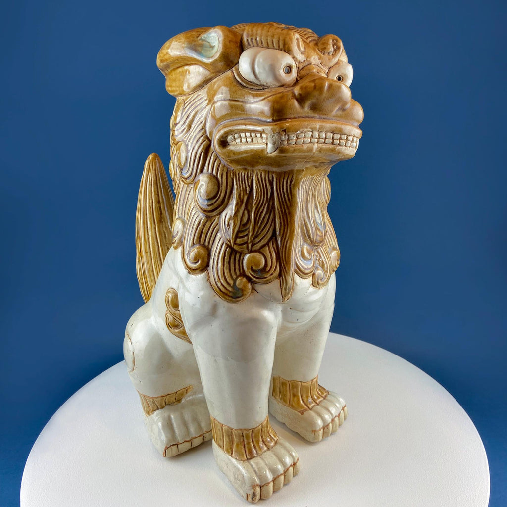 XL Chinese Style Guardian Foo Dog. Glazed Gold & Beige Standing Statue of Animal. Symbolic of Protection. Ethnic Home Art Decor.